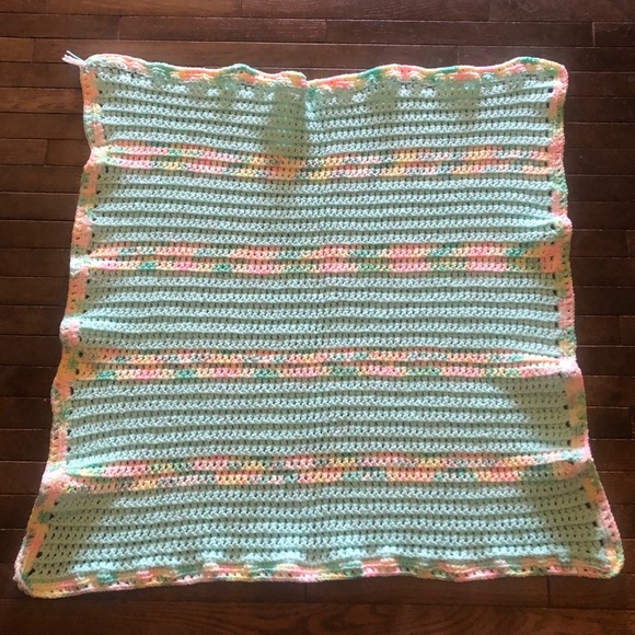 Handmade Baby Blanket Green with Yellow & Pink Accents 96” X 100” approximately - Picture 2 of 6